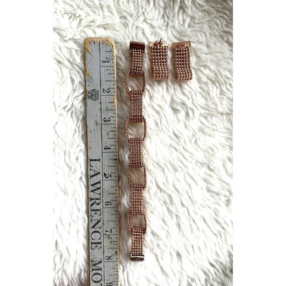 Rose Gold Tone Multi-Cord Textured Bracelet Magnetic Clasp  Matching Earring Set - Picture 3 of 4